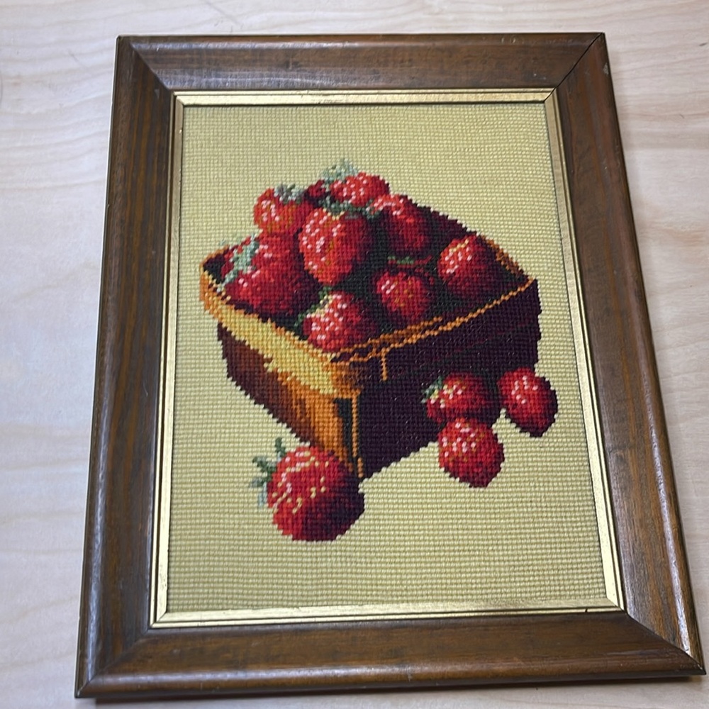 Vintage Needlepoint “A Basket of Strawberries” Wood frame Granny Core